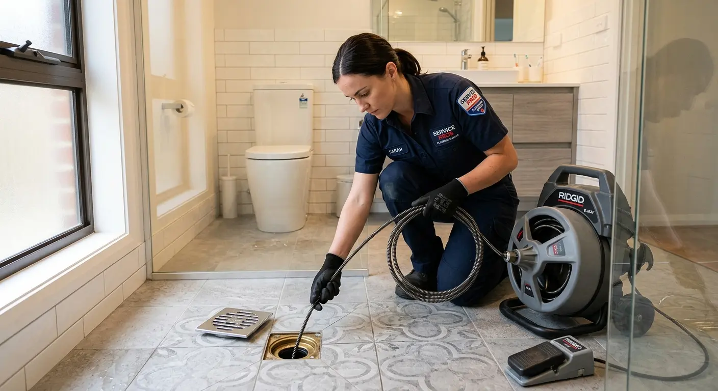 Technician clearing a bathroom floor drain for Drain Cleaning in New Ipswich